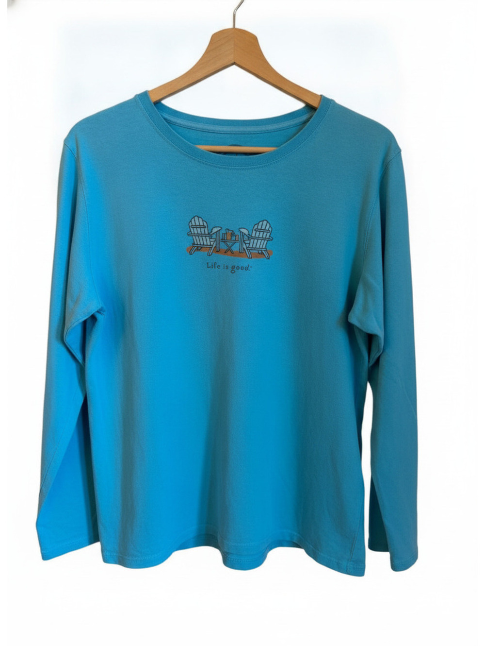 Life Is Good Women's Blue Long Sleeve T-Shirt Beach Scene Graphic Size Large